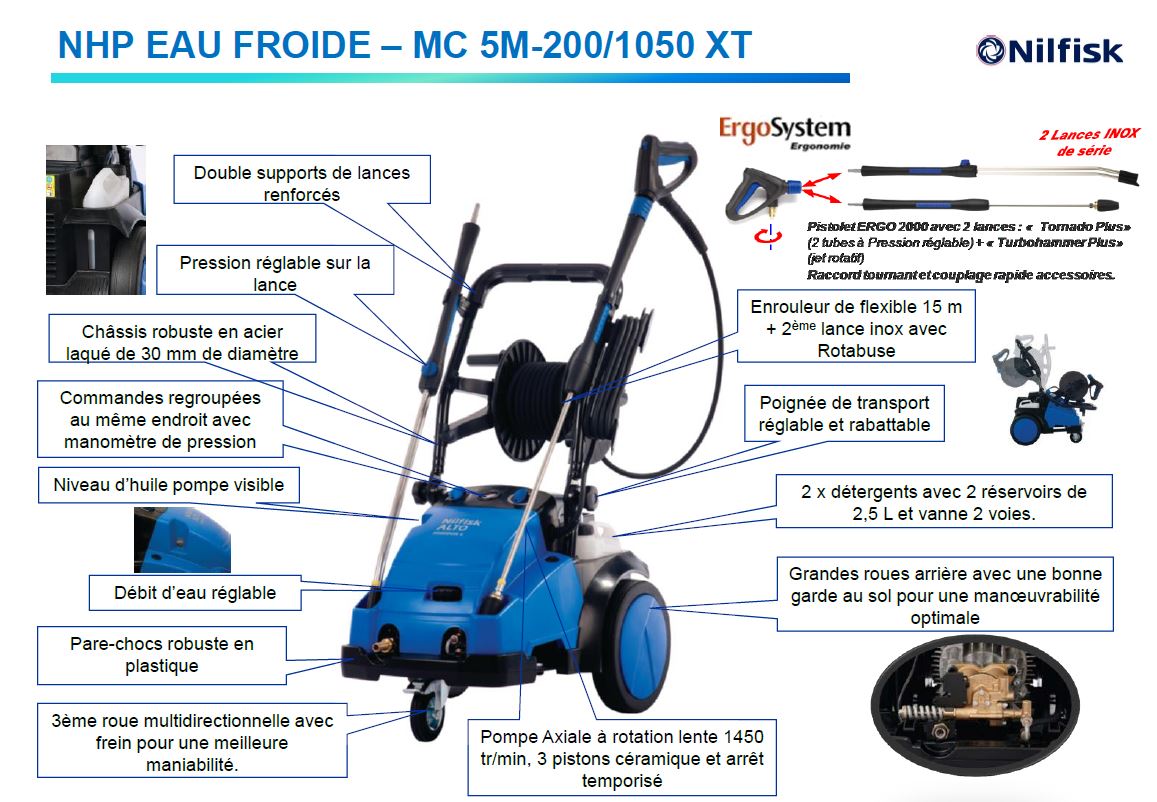 Caractéristiques nettoyeur haute pression eau froide Nilfisk MC 5M-200/1050 XT