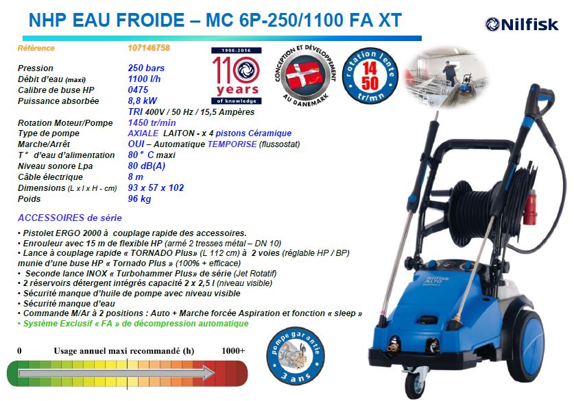 Caractéristiques du nettoyeur haute pression eau froide Nilfisk MC 6P-250/1100 FA XT