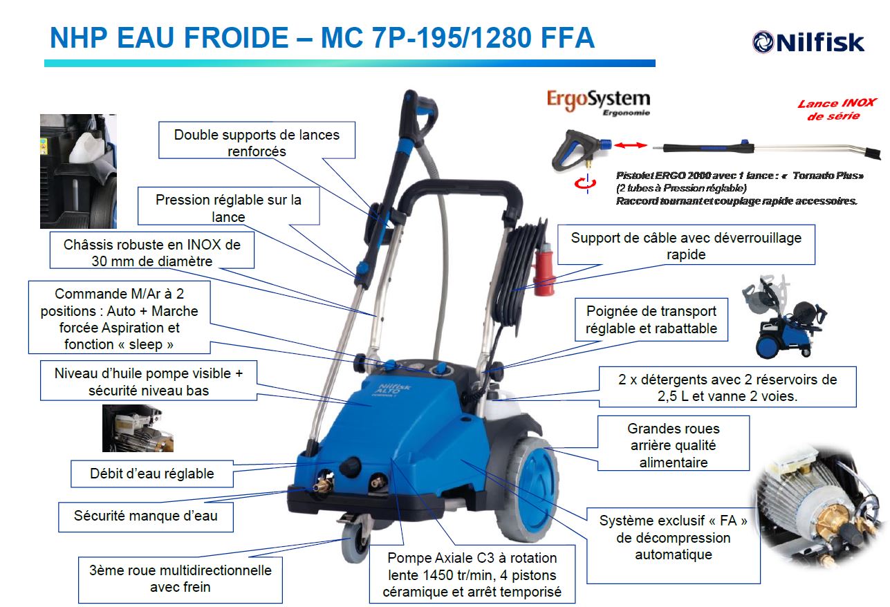 Caractéristiques du nettoyeur haute pression eau froide Nilfisk MC 7P-195/1280 FFA